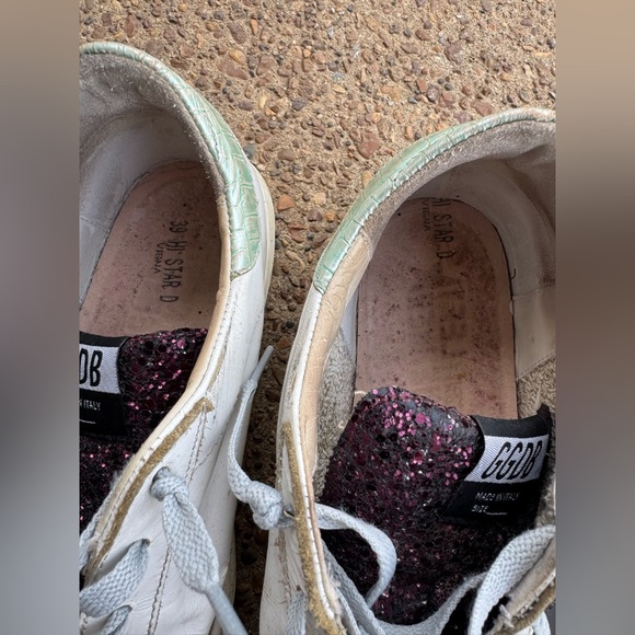 Golden Goose Hi Star White Leather Sneakers with Purple Glitter and Black Star - Picture 11 of 15
